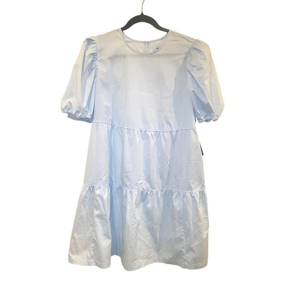 NWT Express Light Blue Puffy Short Sleeve Tiered Dress - Size Large - Picture 1 of 3